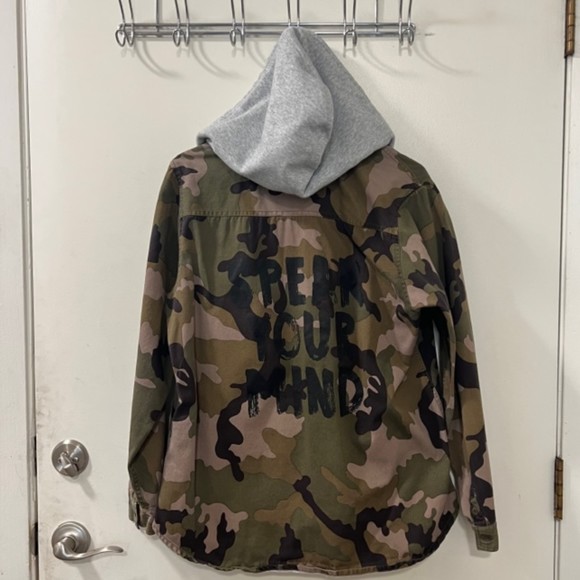 Rue 21 Green Camouflage Drawstring Button Hooded Shirt Jacket Shacket Sz LG - Picture 5 of 12